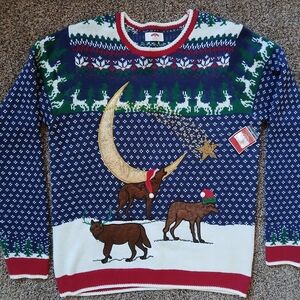 Holiday Time Festive Sweater with Wolves, Moon, and Star. UGLY SWEATER!